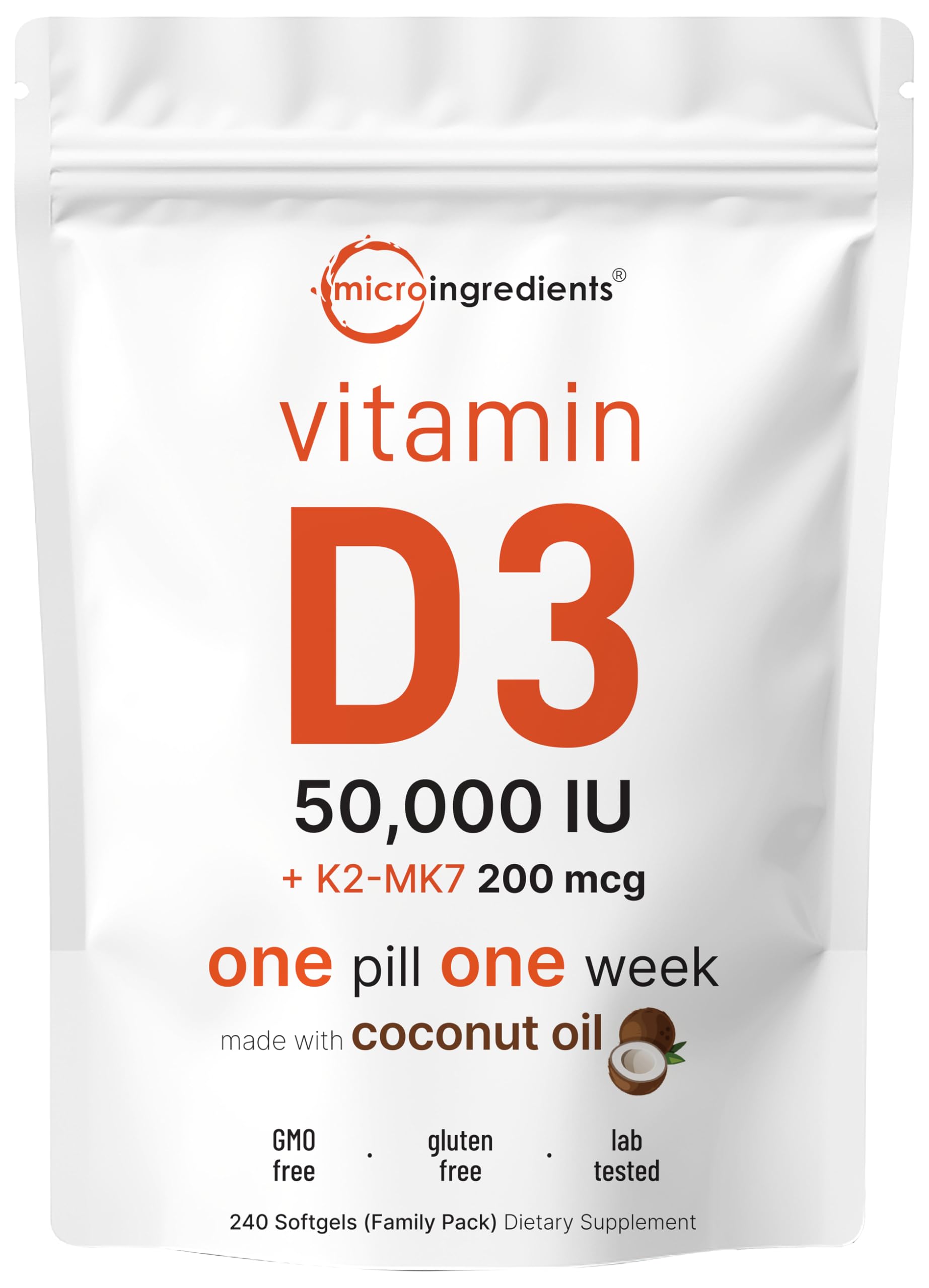 Micro Ingredients frente del empaque mostrando 240 softgels y beneficios