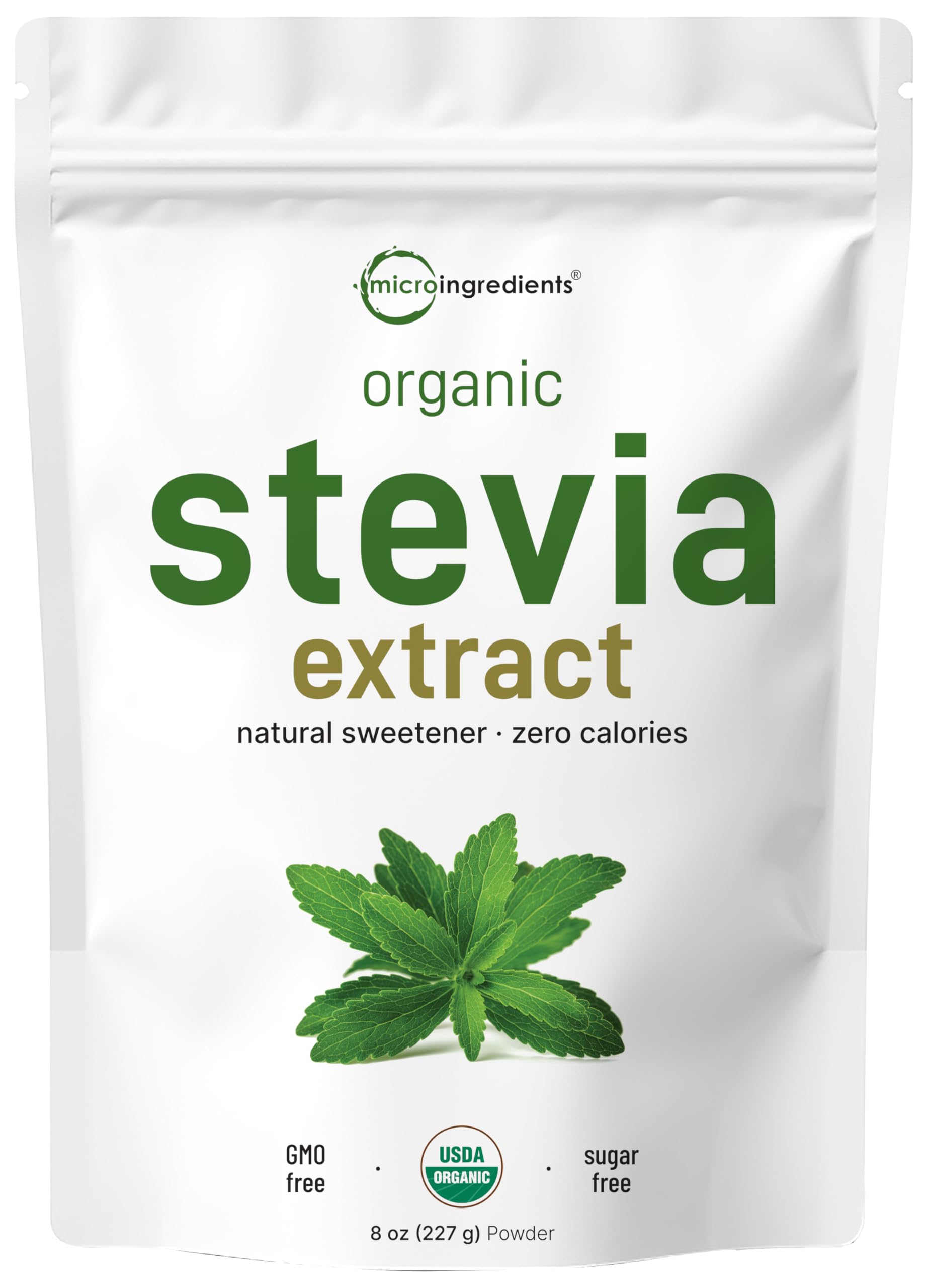 Micro Ingredients envase frontal de stevia orgánica muestra pureza