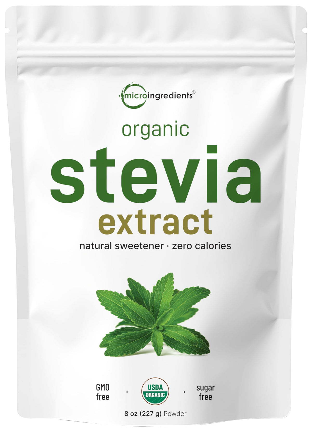 Micro Ingredients envase frontal de stevia orgánica muestra pureza