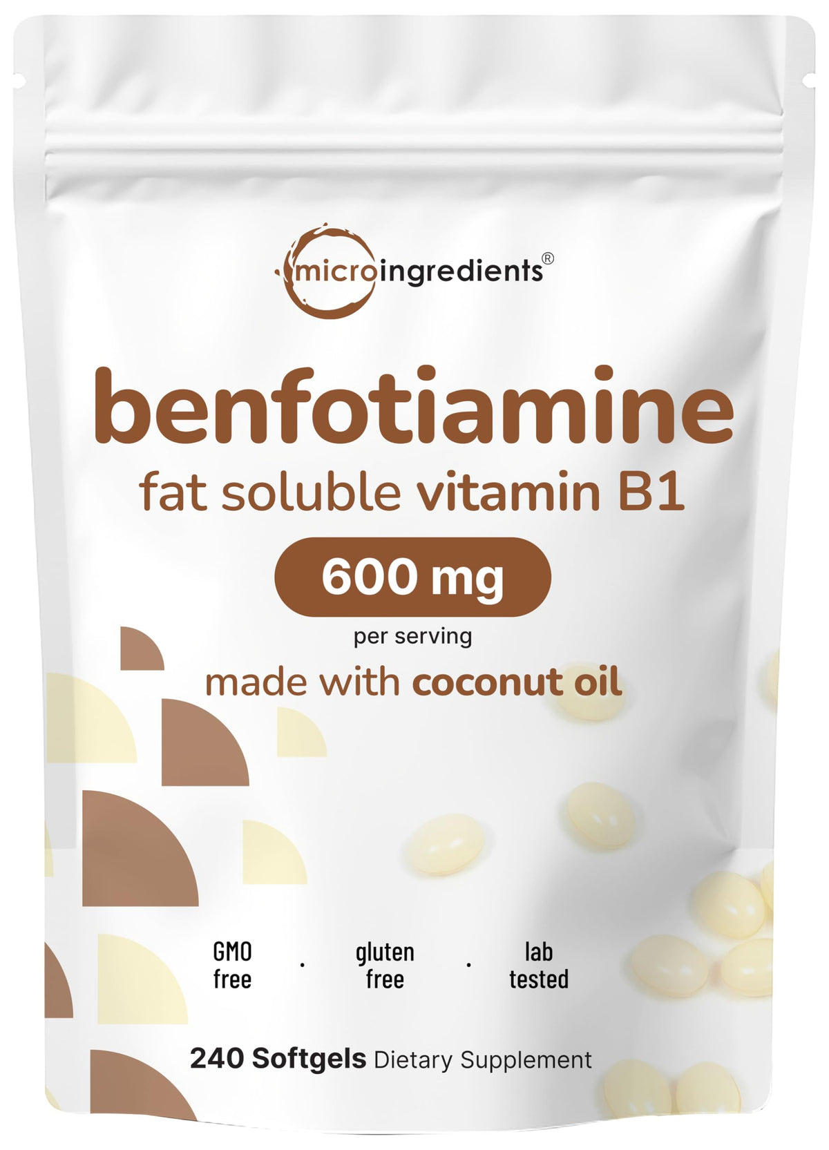 Micro Ingredients envase frontal que muestra 240 softgels y beneficios del producto