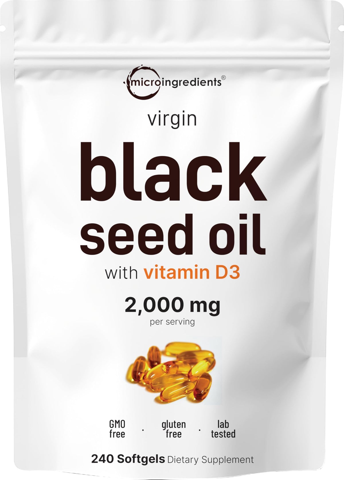 Micro Ingredients frente del envase mostrando 240 softgels y beneficios