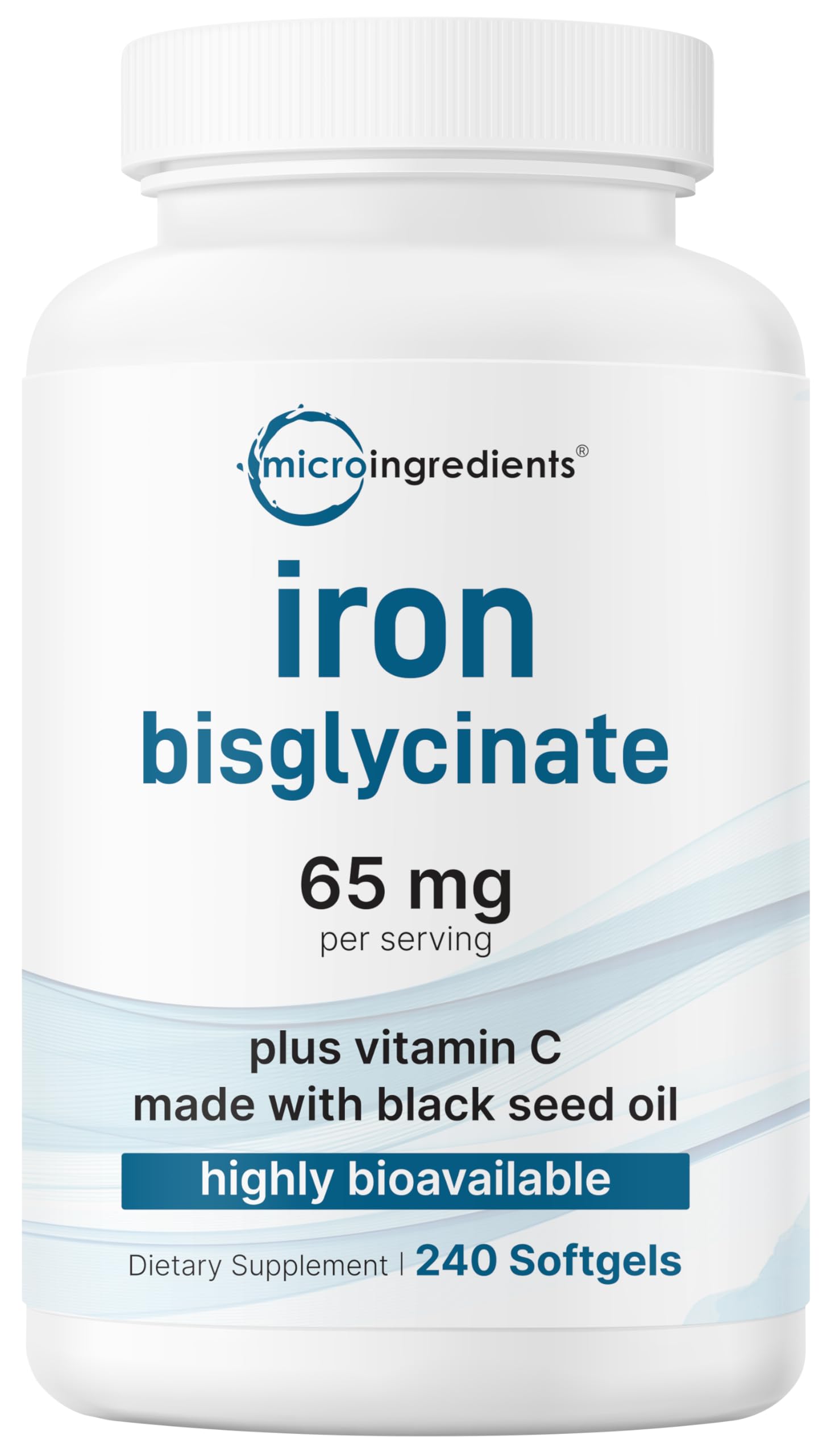 Micro Ingredients frasco frontal mostrando 240 softgels y diseño claro