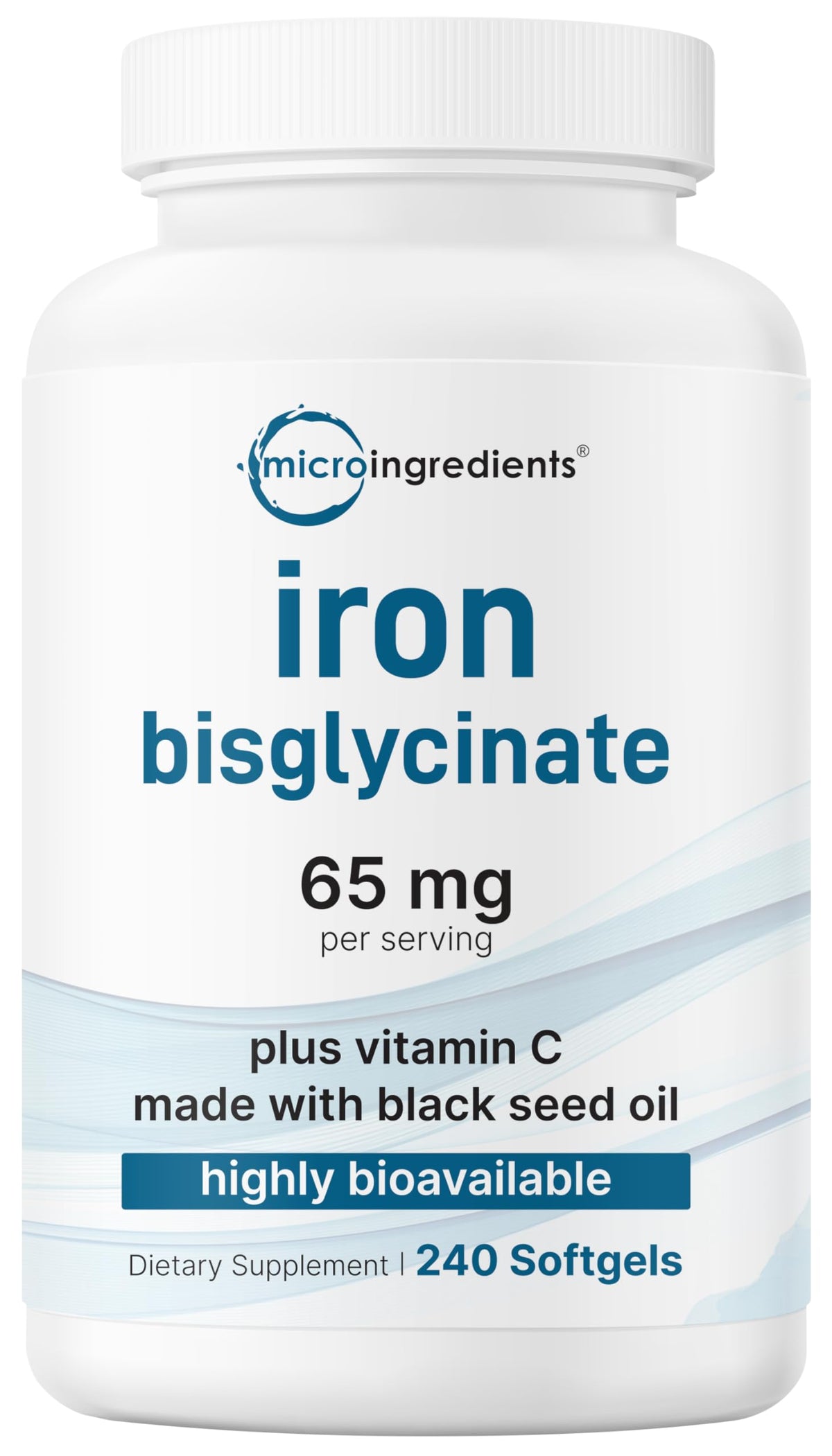 Micro Ingredients frasco frontal mostrando 240 softgels y diseño claro