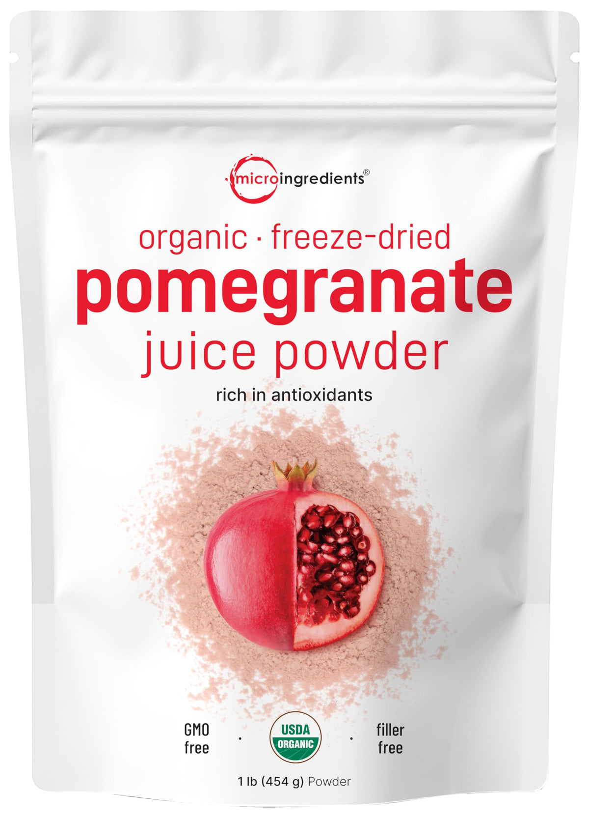 Micro Ingredients pouch frontal mostrando etiqueta orgánica y beneficio de pureza