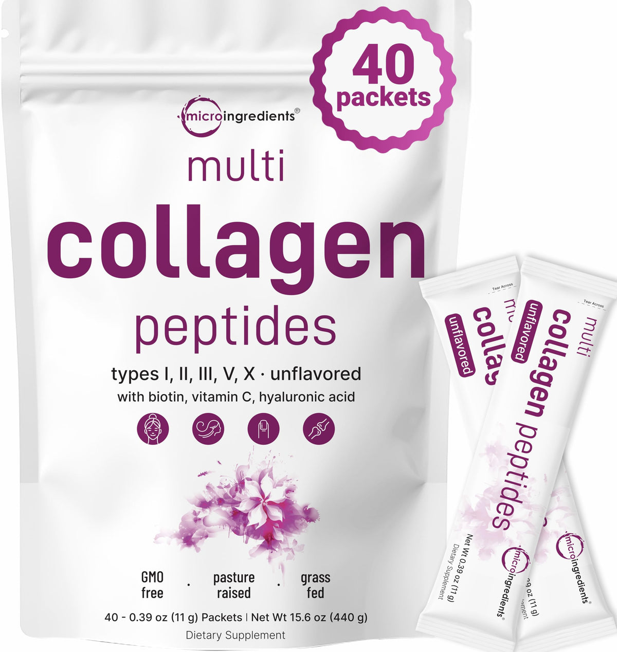 Micro Ingredients frente de la caja con sobres, visual claro del empaque y beneficios