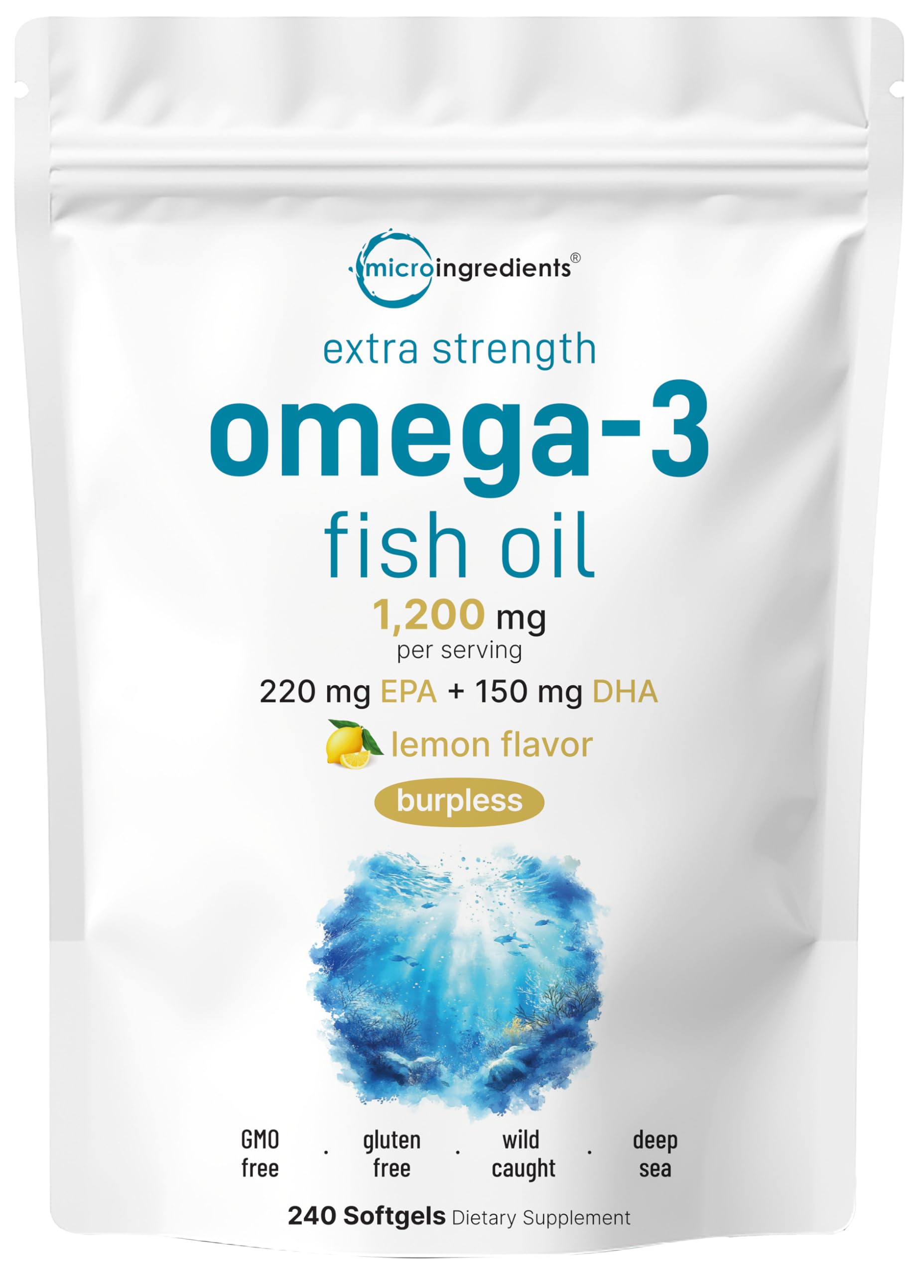 Micro Ingredients frente del envase mostrando 240 softgels y concentración alta