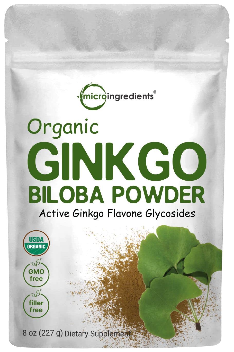 Micro Ingredients frasco frontal del extracto de ginkgo, presentación clara y segura