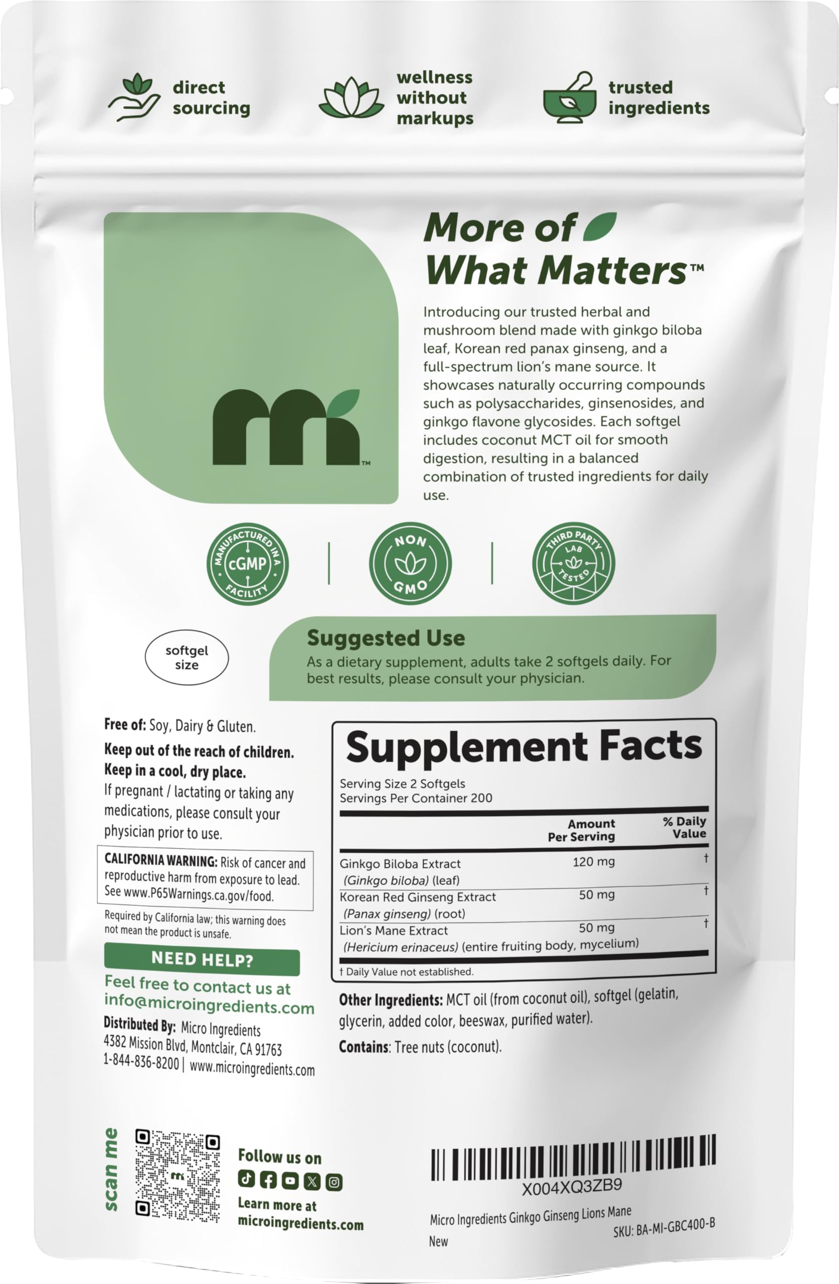 Micro Ingredients ingredientes crudos: Ginkgo, Panax Ginseng y Lion’s Mane