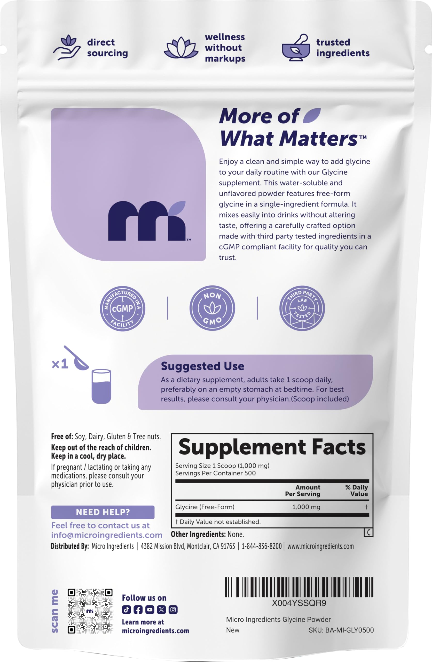 Micro Ingredients etiqueta nutricional destacando ingredientes y ausencia de alérgenos
