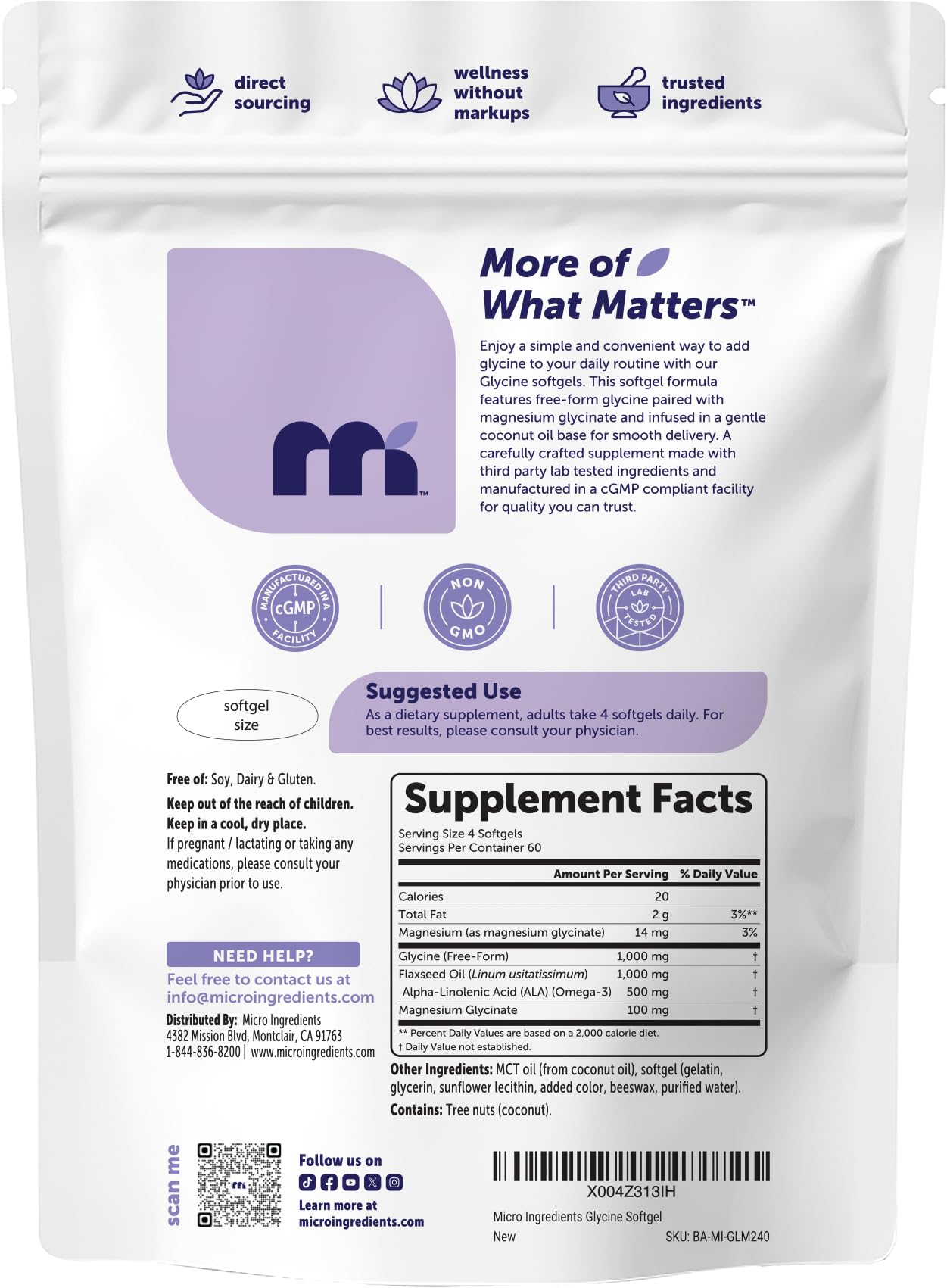 Micro Ingredients bolsa abierta con cápsulas visibles, suministro de 240 softgels