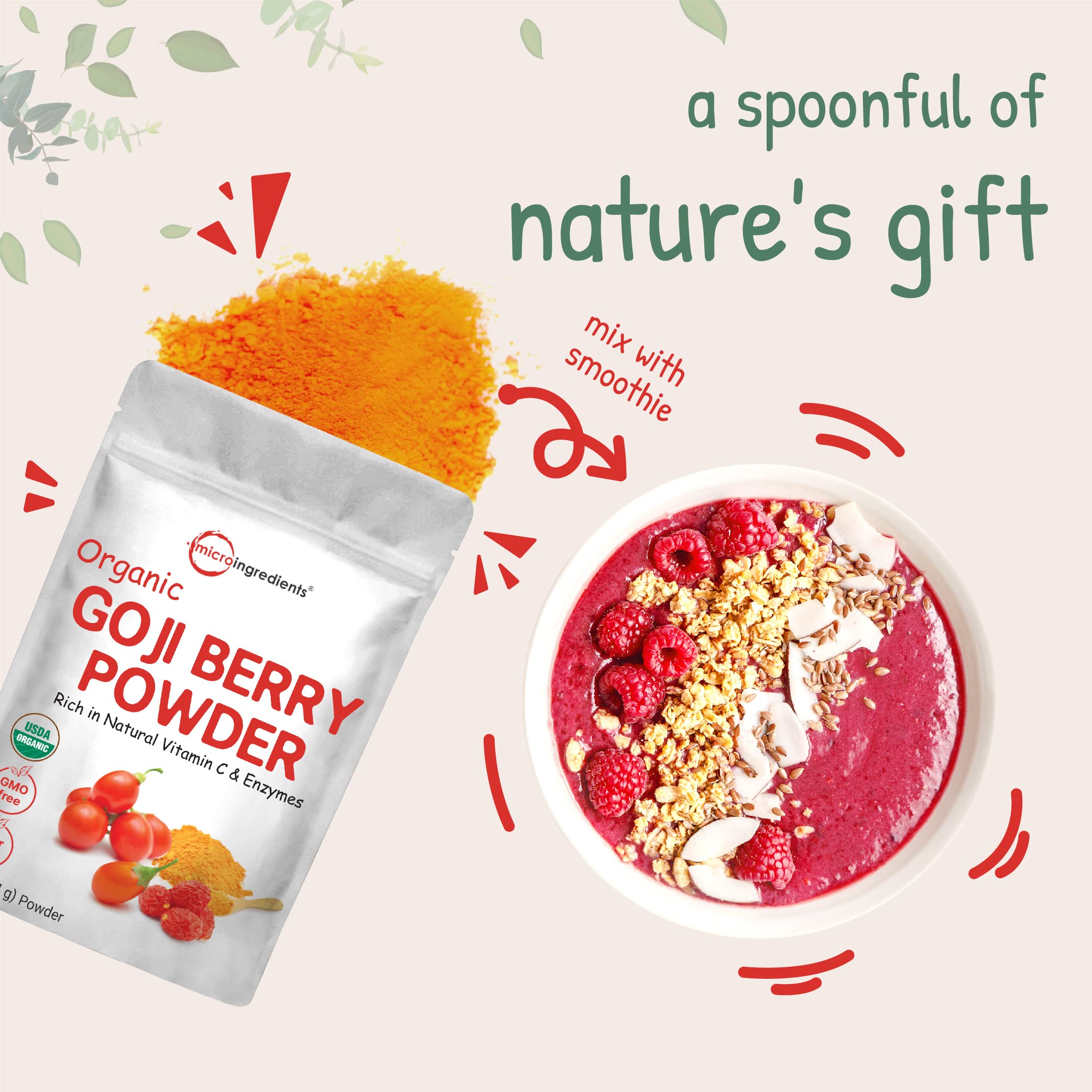 Micro Ingredients bowl de desayuno con polvo de goji espolvoreado, mejora apariencia y sabor