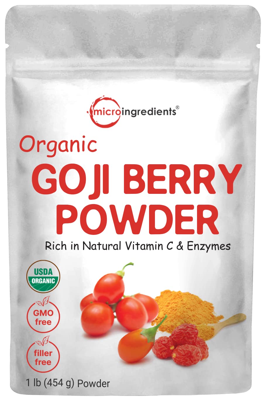 Micro Ingredients envase frontal de polvo de goji orgánico, fácil identificación y sello orgánico