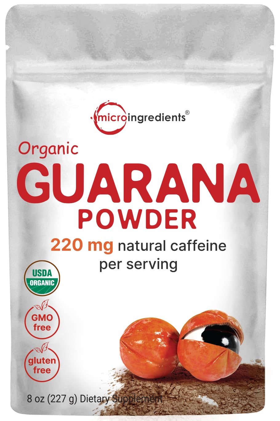Micro Ingredients frente del paquete de guaraná orgánico mostrando envase y tamaño