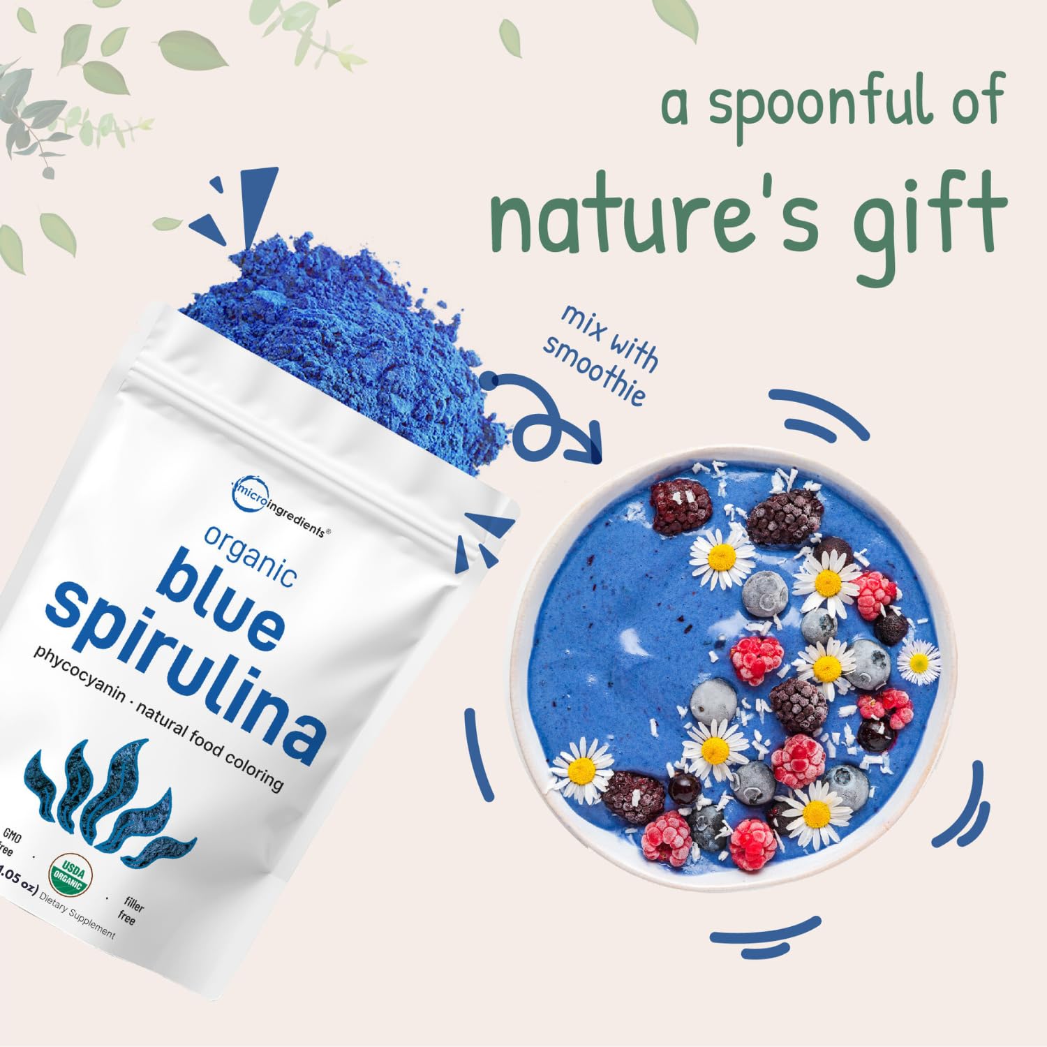Micro Ingredients etiqueta e ingredientes con sellos de pureza y orgánico