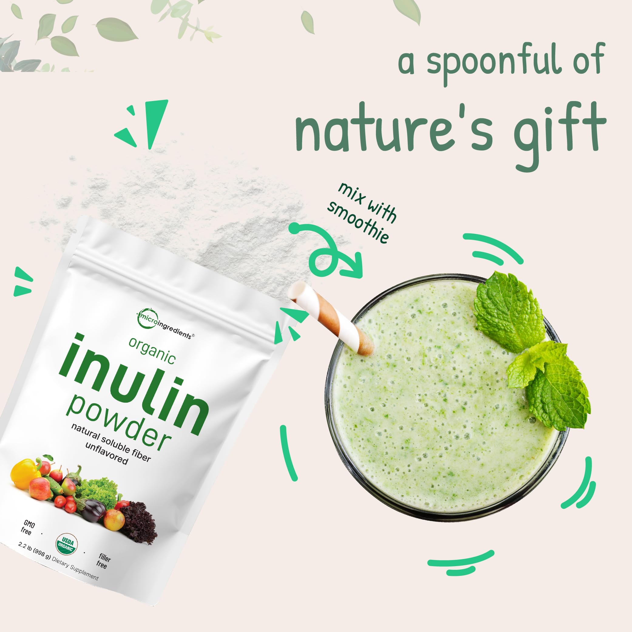 Micro Ingredients cucharita con porción de inulina para comparar tamaño y dosificación práctica