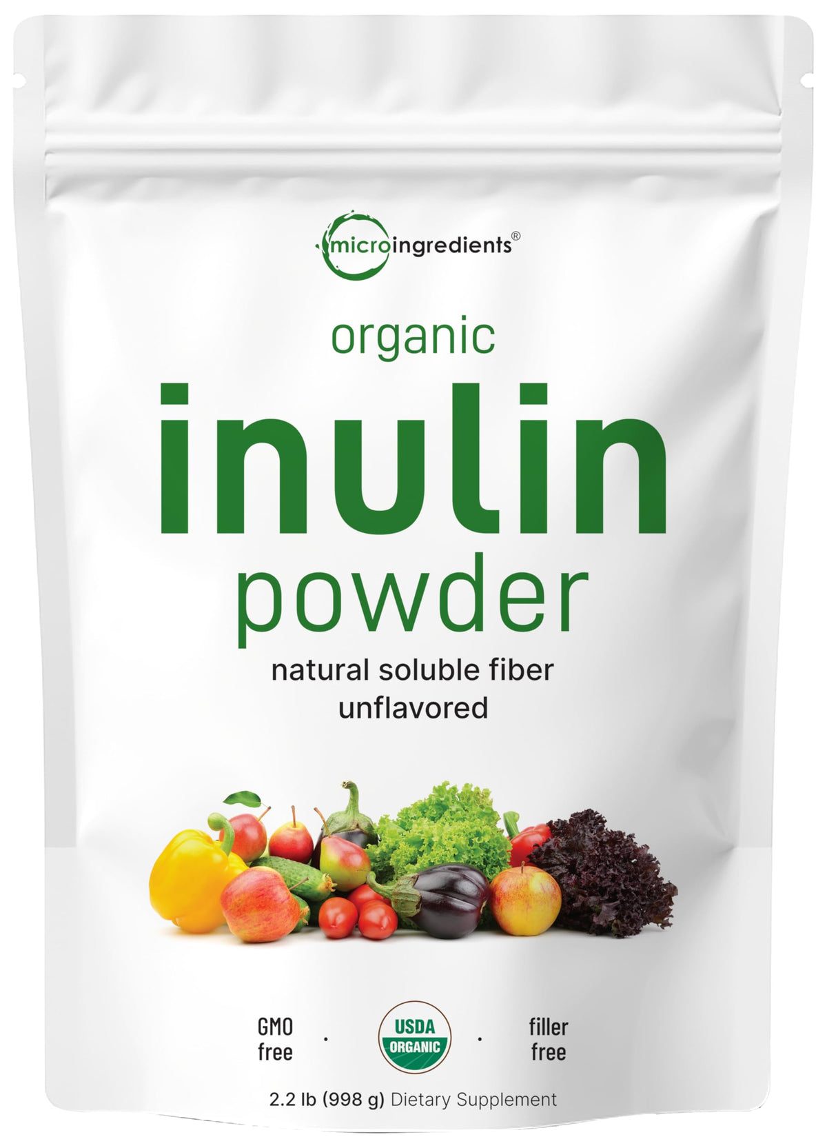 Micro Ingredients envase frontal de inulina orgánica mostrando etiqueta clara y beneficio de pureza