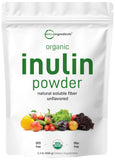 Micro Ingredients envase frontal de inulina orgánica mostrando etiqueta clara y beneficio de pureza