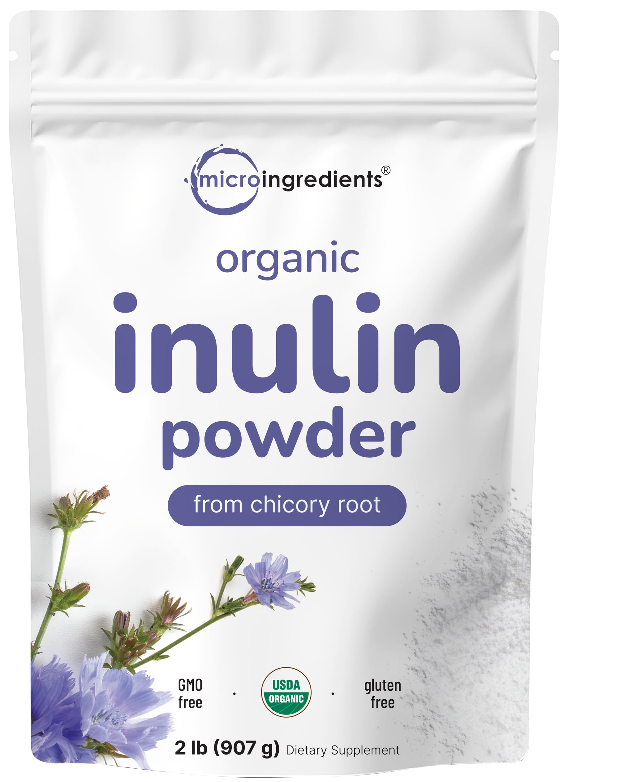 Micro Ingredients envase frontal de inulina orgánica mostrando tamaño y diseño, beneficio: suministro prolongado