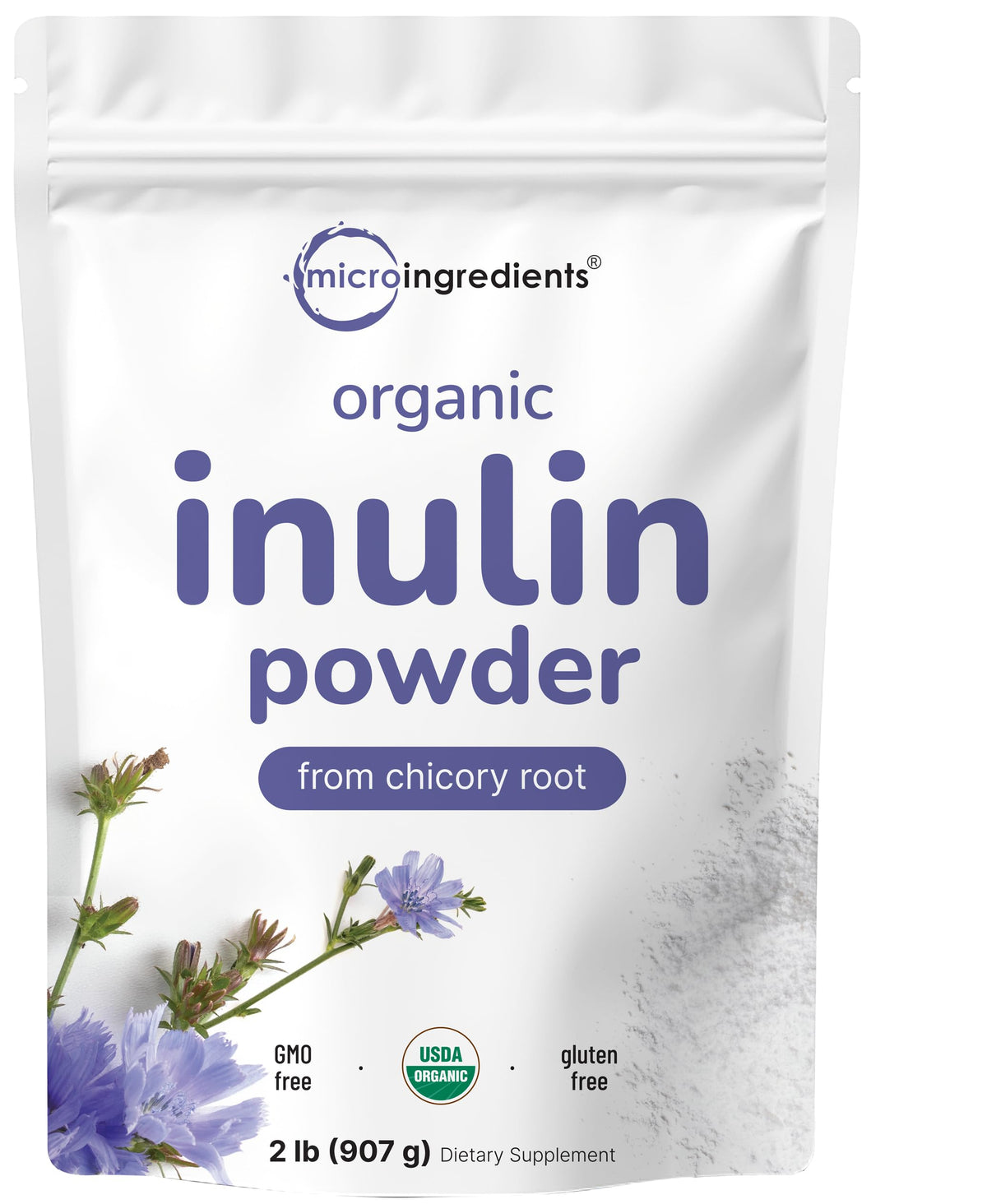 Micro Ingredients envase frontal de inulina orgánica mostrando tamaño y diseño, beneficio: suministro prolongado