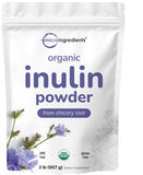 Micro Ingredients envase frontal de inulina orgánica mostrando tamaño y diseño, beneficio: suministro prolongado