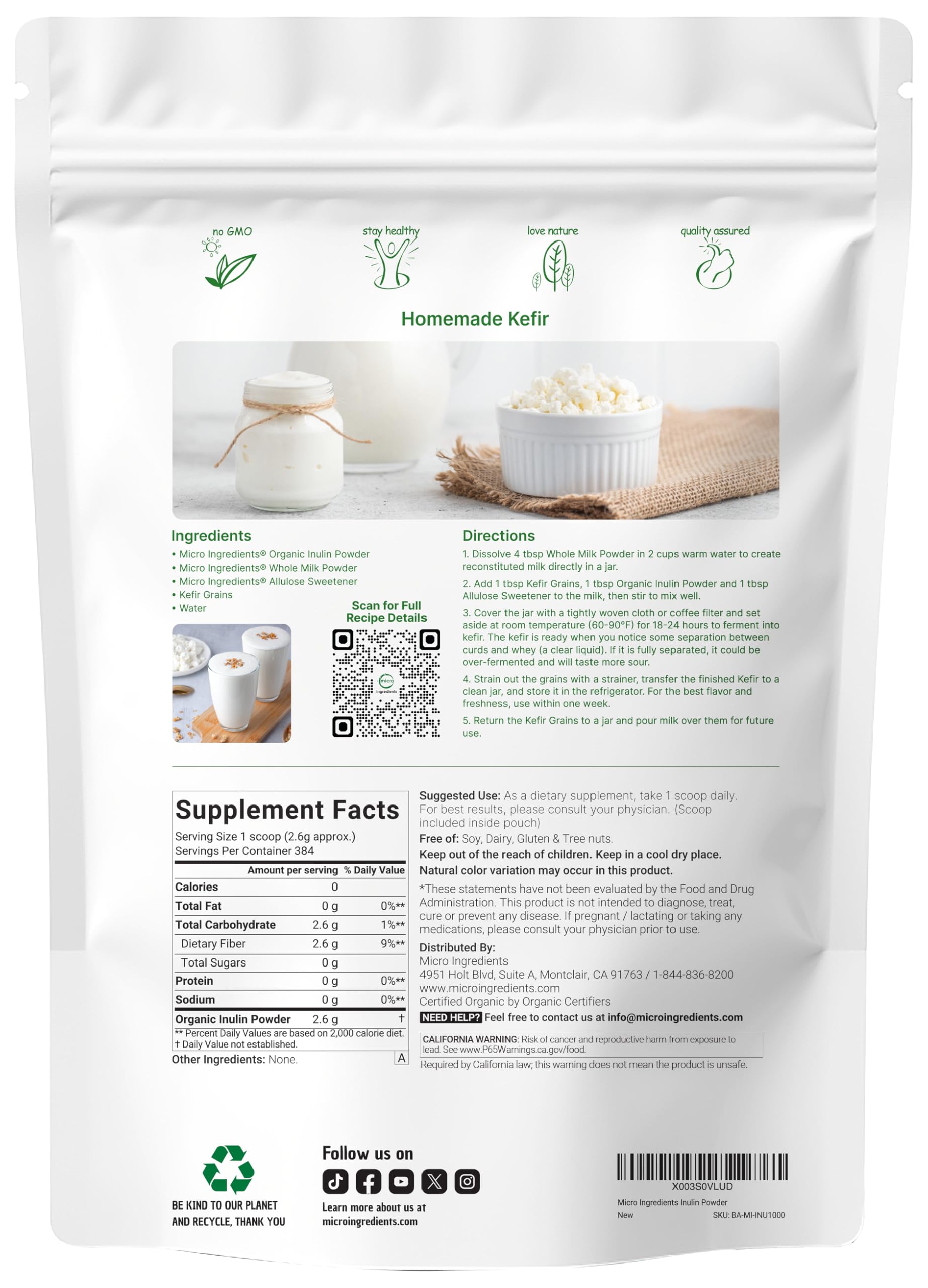 Micro Ingredients primer plano del polvo de inulina para ver textura fina y fácil disolución