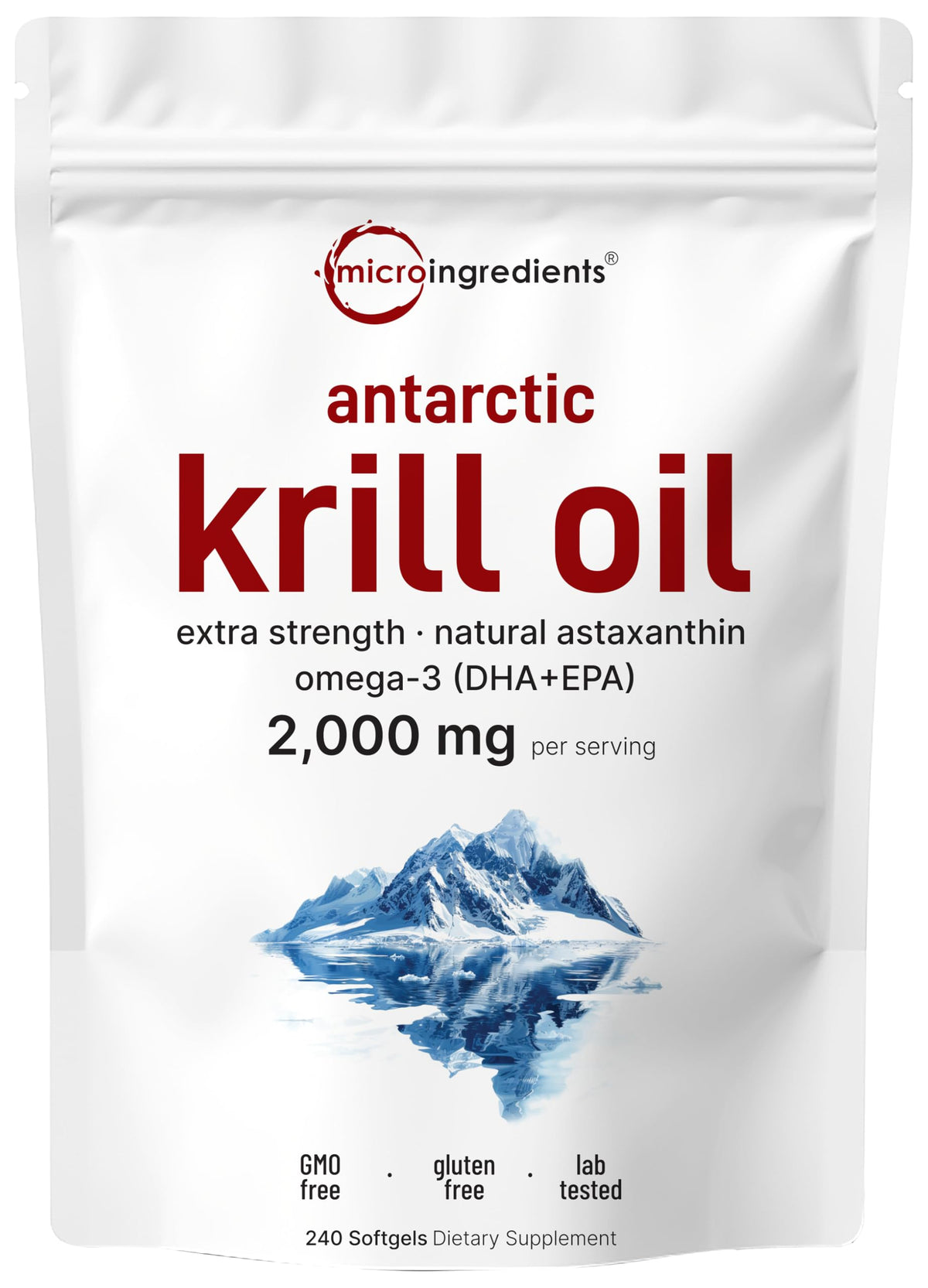 Micro Ingredients frasco frontal del aceite de kril, presentación de 240 cápsulas