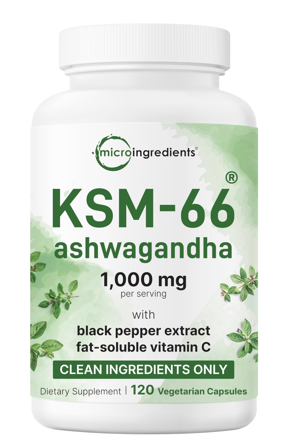 Micro Ingredients frasco KSM-66 frente mostrando etiqueta y beneficio de potencia