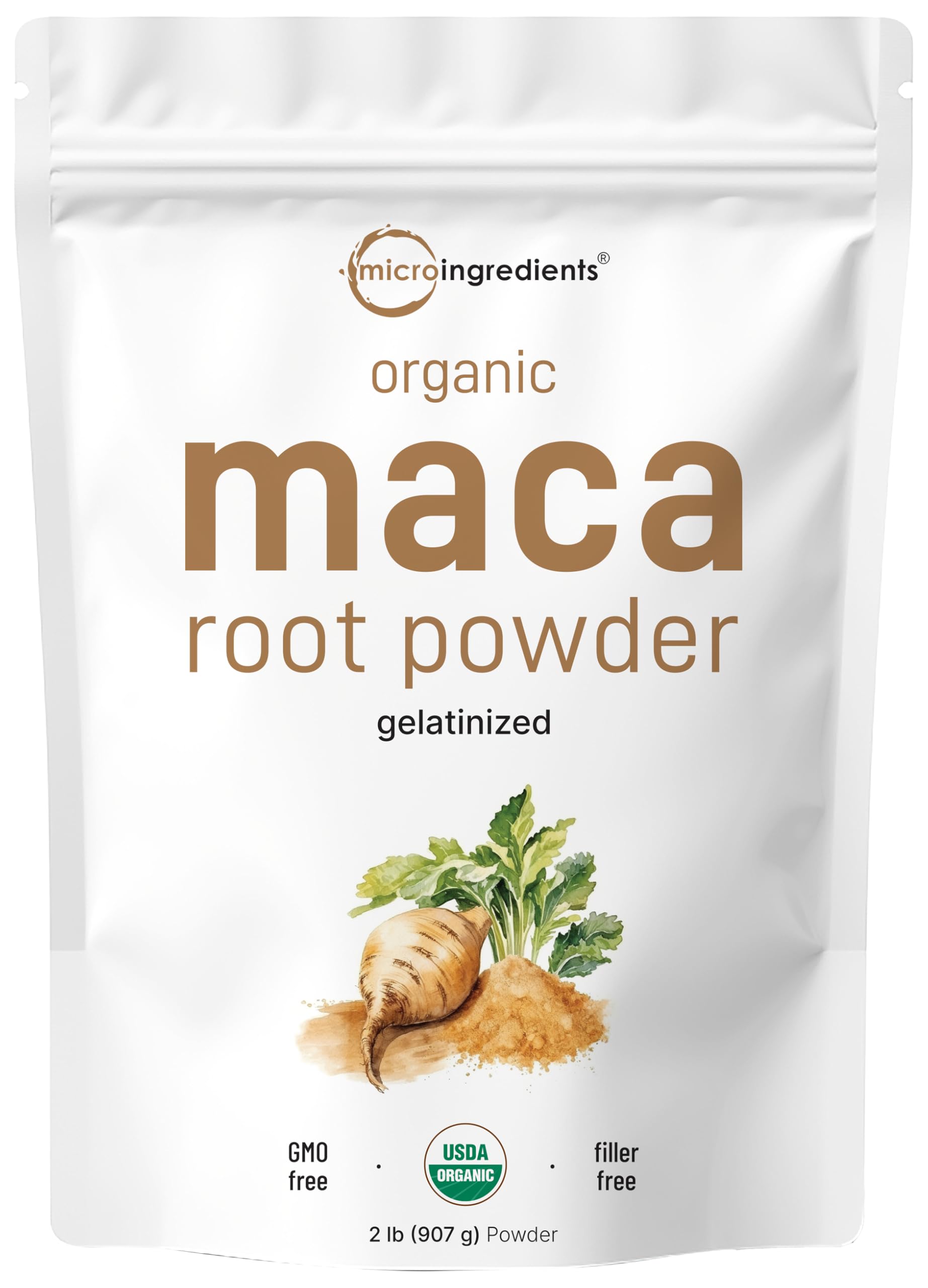 Micro Ingredients maca en polvo frontal del envase y presentación clara
