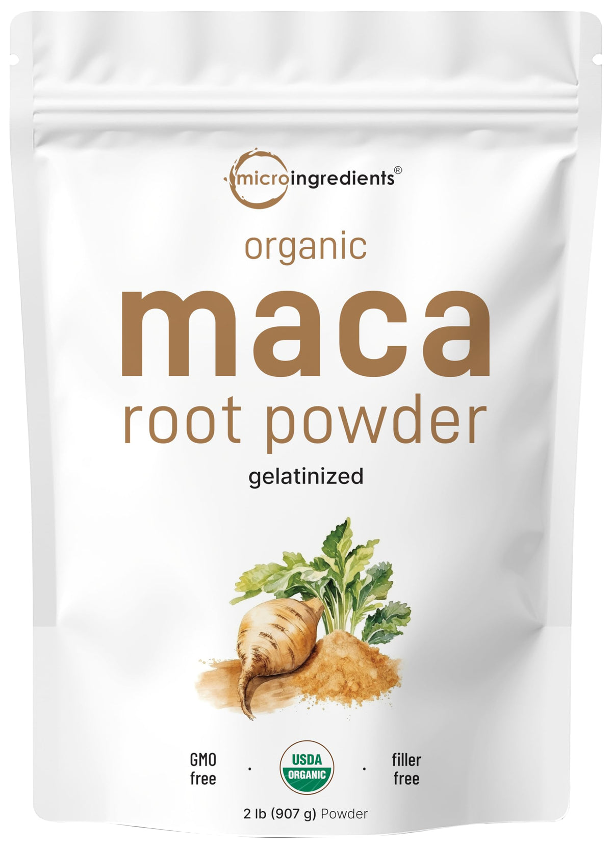 Micro Ingredients maca en polvo frontal del envase y presentación clara
