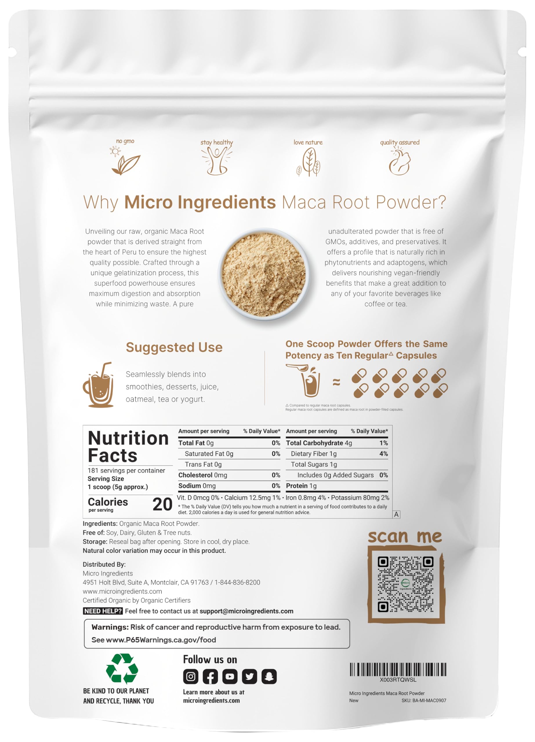 Micro Ingredients maca textura en primer plano muestra finura y mezcla fácil