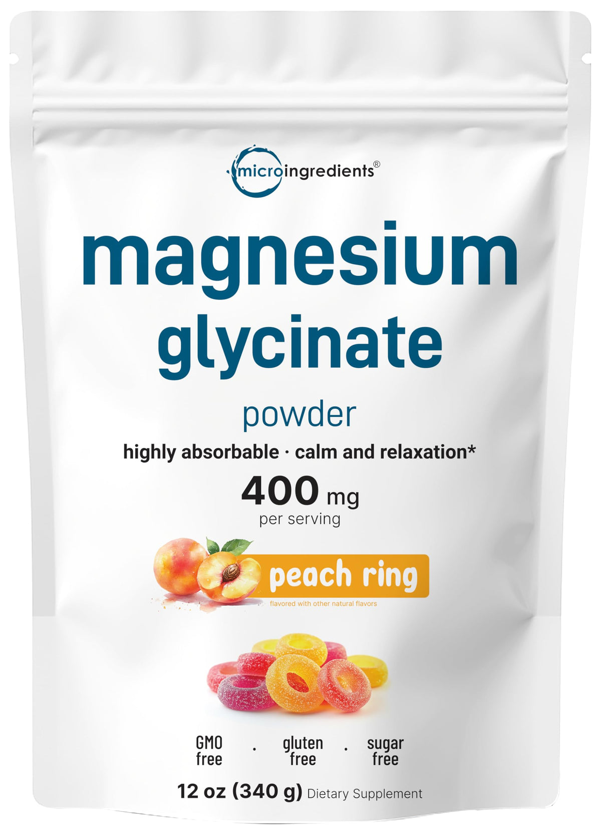 Micro Ingredients envase frontal del magnesio glicinato con sabor Sweet Peach Ring, presentación clara