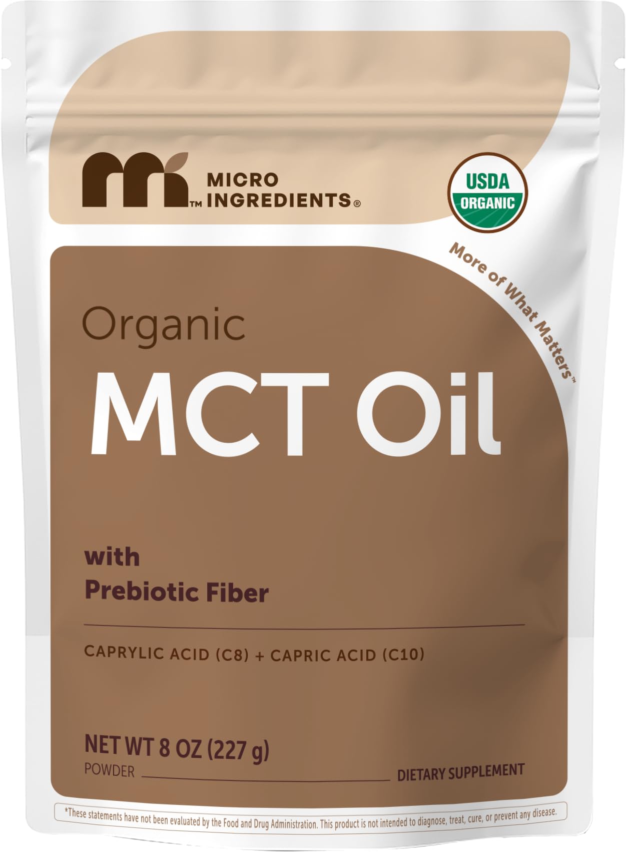 Micro Ingredients envase frontal del polvo MCT mostrando diseño y tamaño, uso práctico