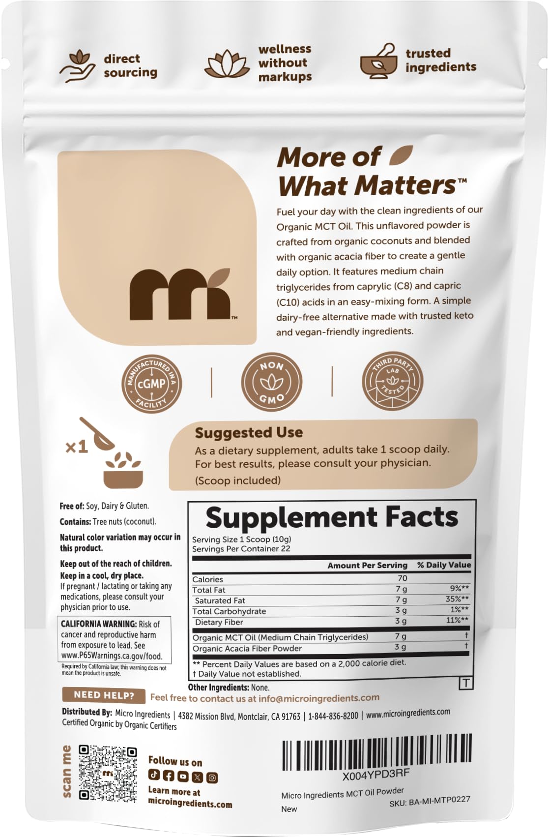 Micro Ingredients etiqueta de ingredientes orgánicos C8 C10, información clara