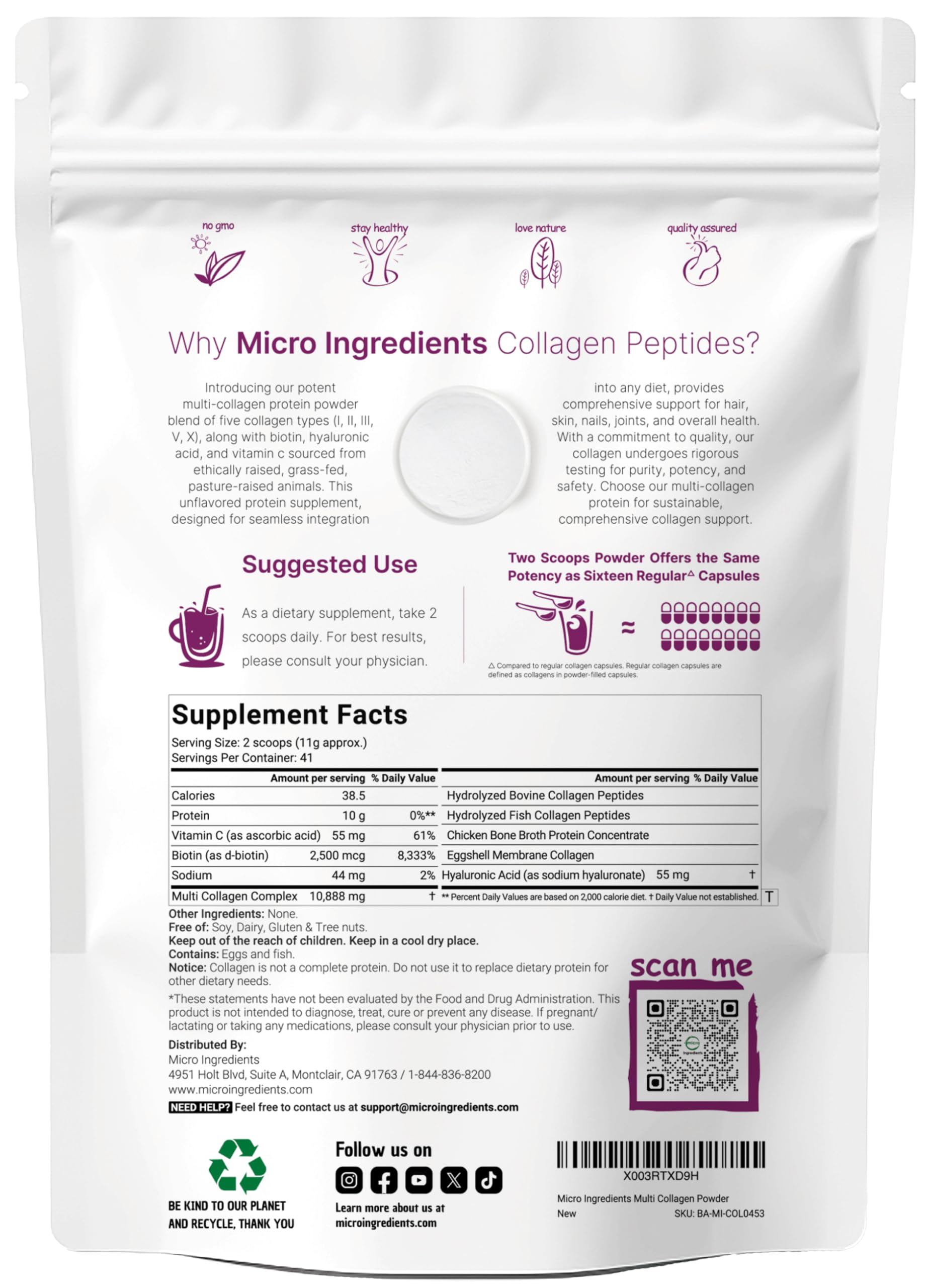 Micro Ingredients cuchara medidora y porción mostrando 11 g por toma