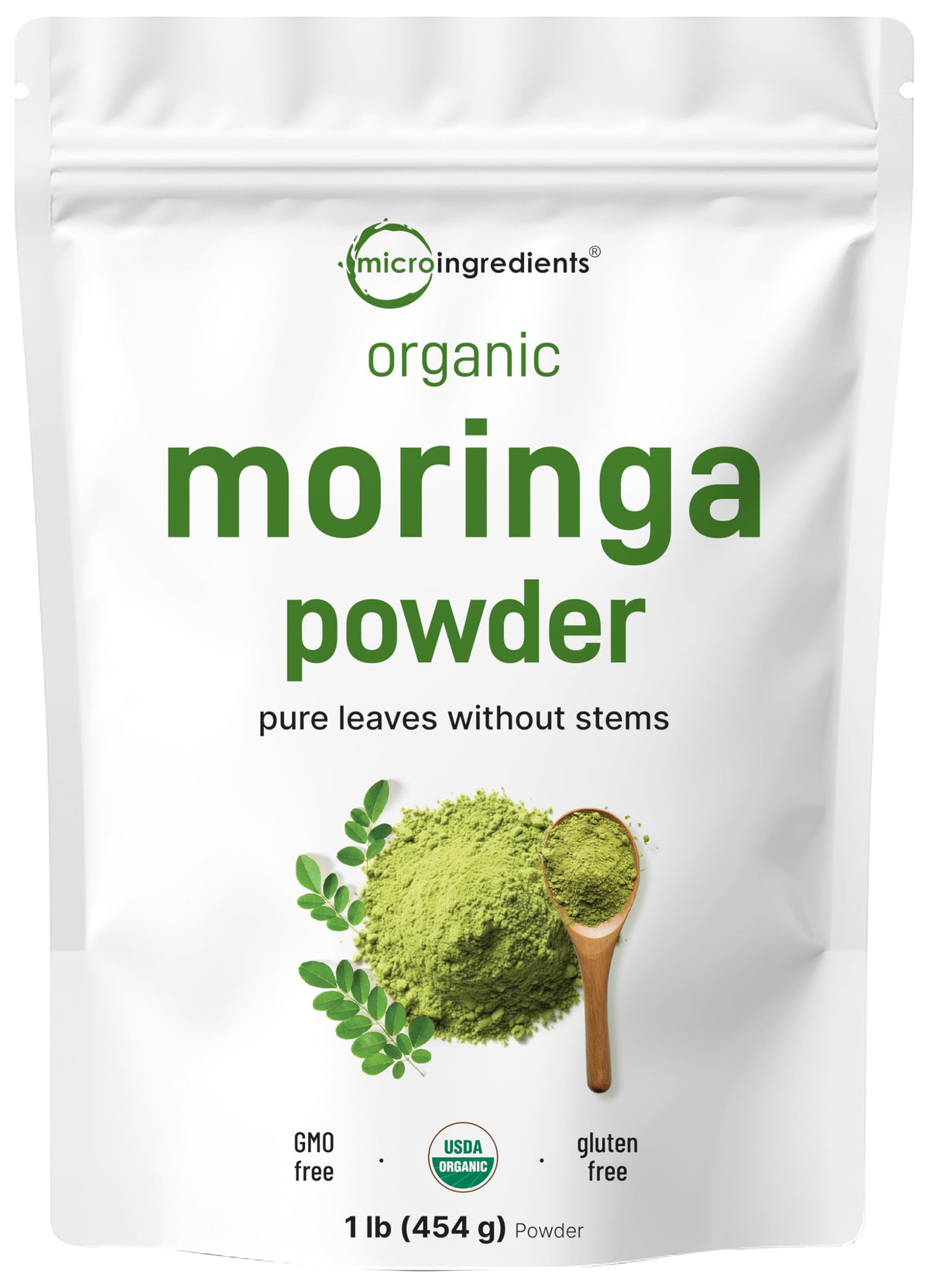 Micro Ingredients envase frontal mostrando moringa orgánica y peso