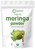 Micro Ingredients paquete frontal de moringa orgánica mostrando sello USDA y tamaño