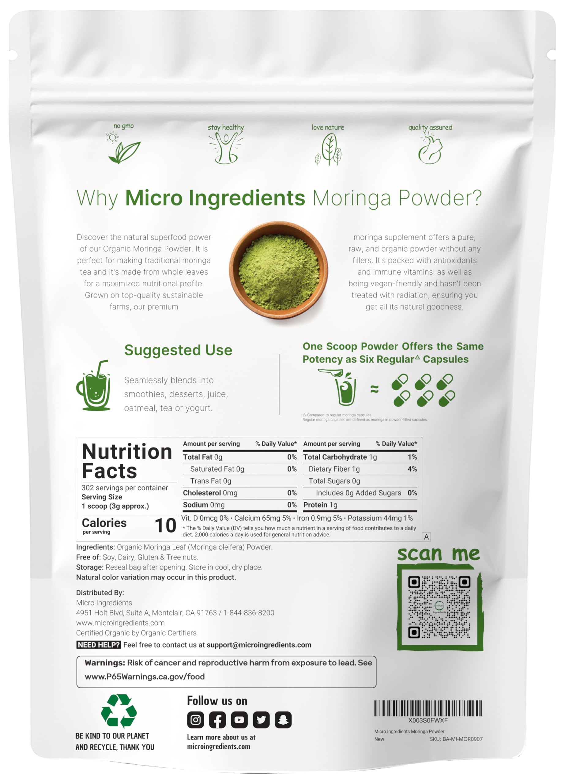 Micro Ingredients detalle de textura del polvo de moringa, fácil de mezclar