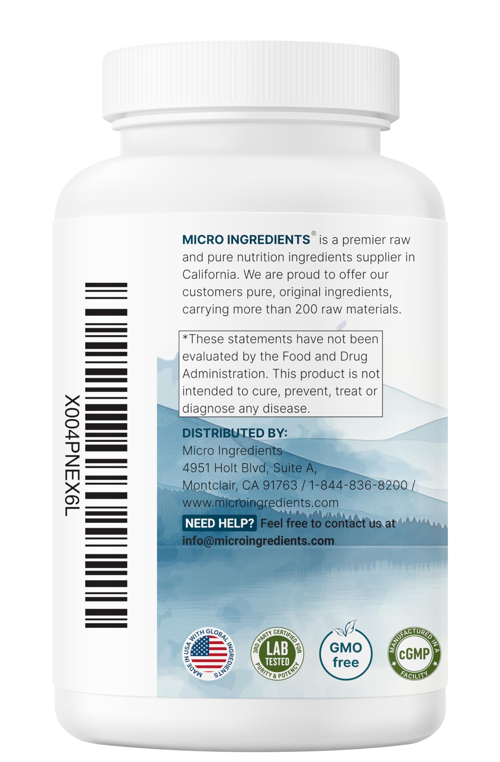Micro Ingredients envase abierto con ingredientes listados y certificación sin GMO