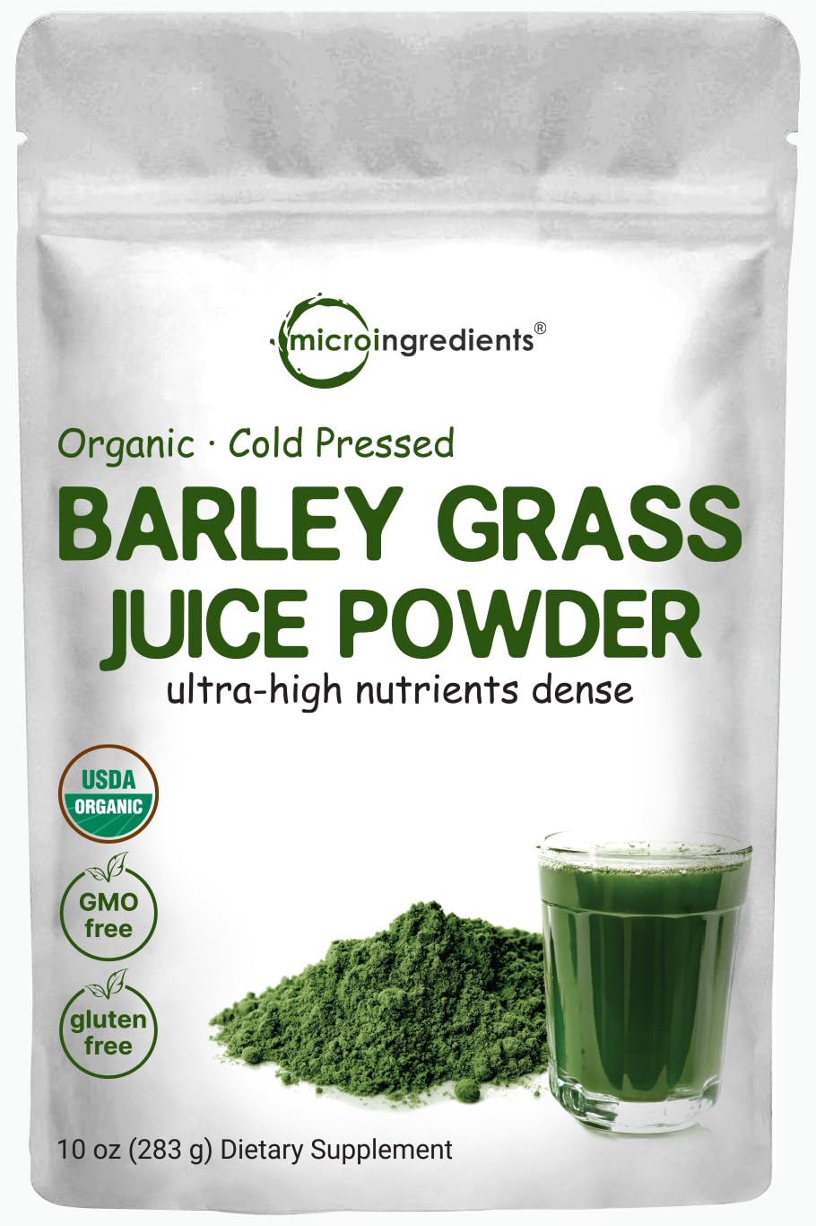 Micro Ingredients frente del paquete mostrando 10 onzas y sello orgánico