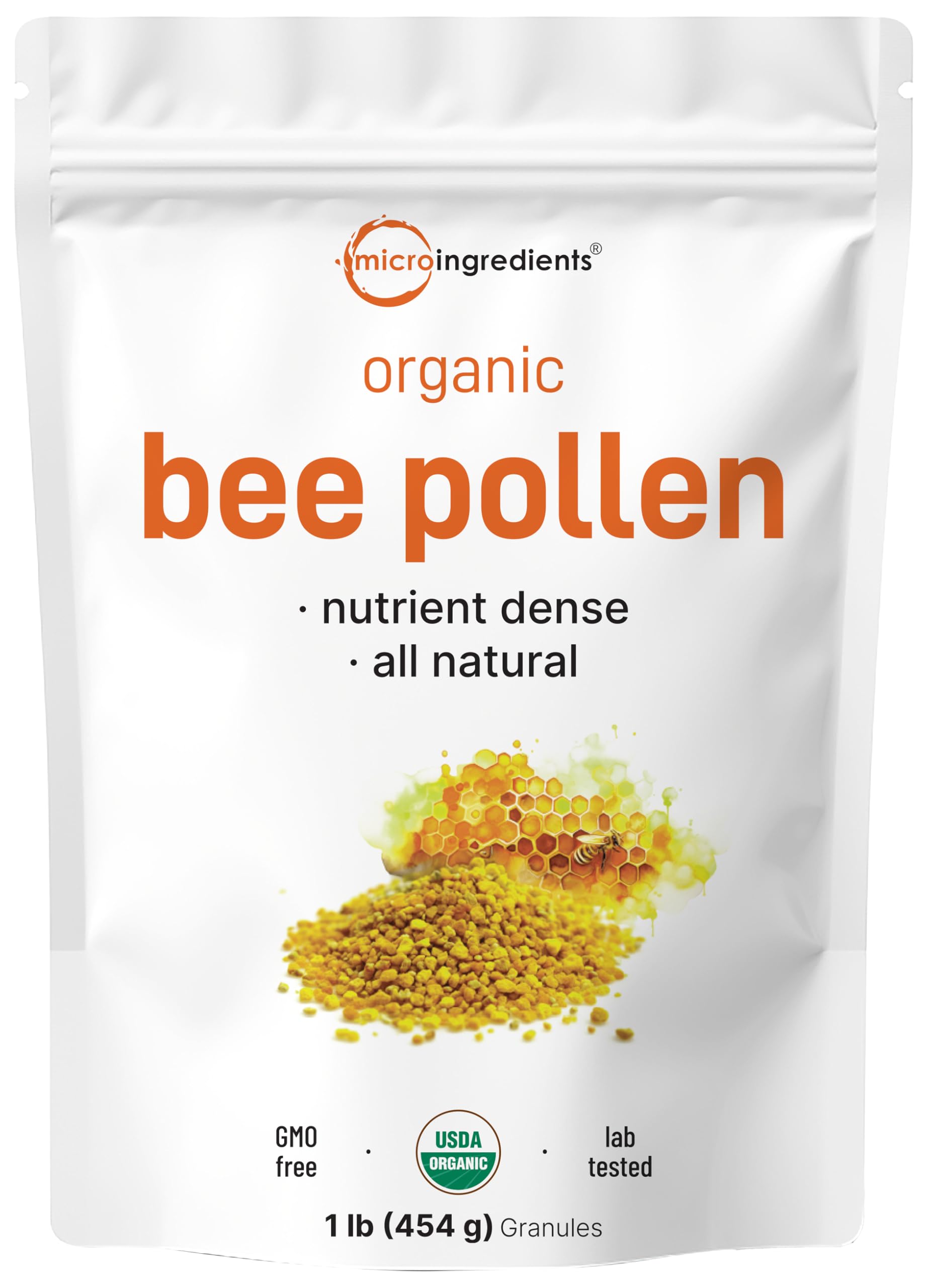 Micro Ingredients frasco frontal del polen de abeja mostrando empaque orgánico y conveniencia