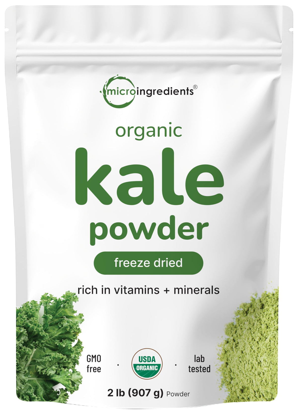 Micro Ingredients empaque frontal del polvo de kale mostrando cantidad y sello orgánico