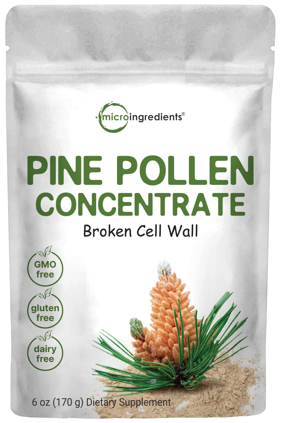 Micro Ingredients envase frontal del polvo de polen de pino, práctico y puro