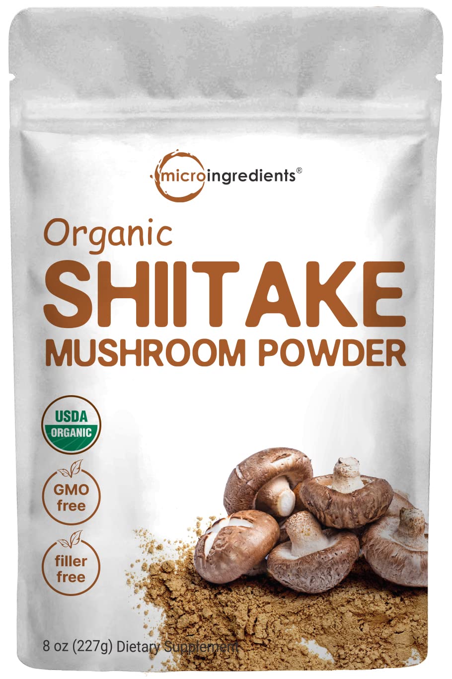 Micro Ingredients frasco frontal del polvo de shiitake muestra etiqueta clara y beneficios