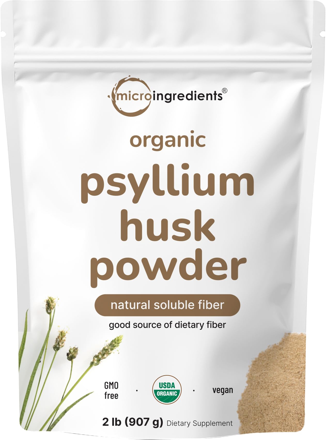 Micro Ingredients paquete frontal de psyllium husk mostrando presentación de 2 lb
