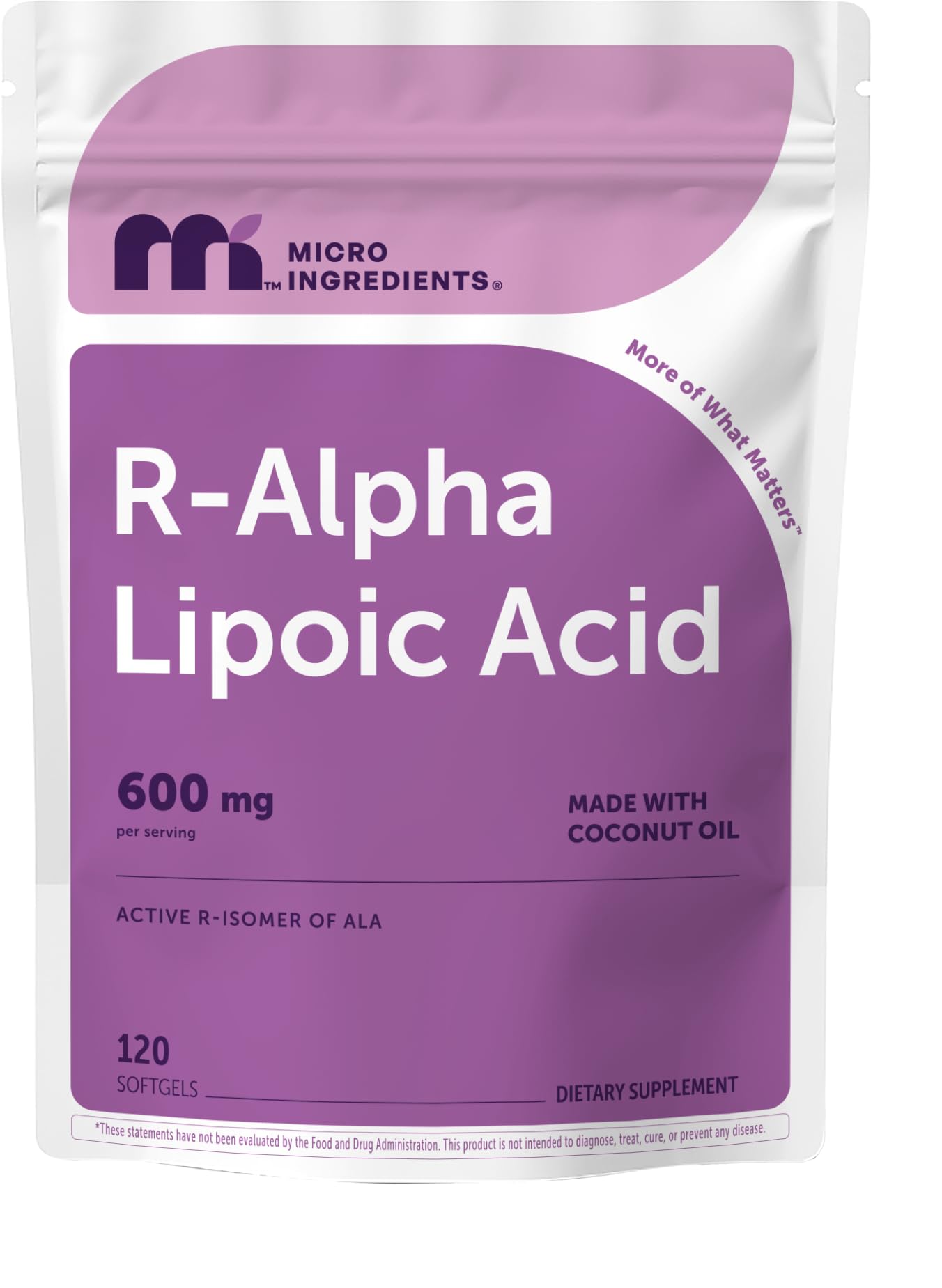 Micro Ingredients bote frontal que muestra R-ALA 600 mg y beneficios de conveniencia
