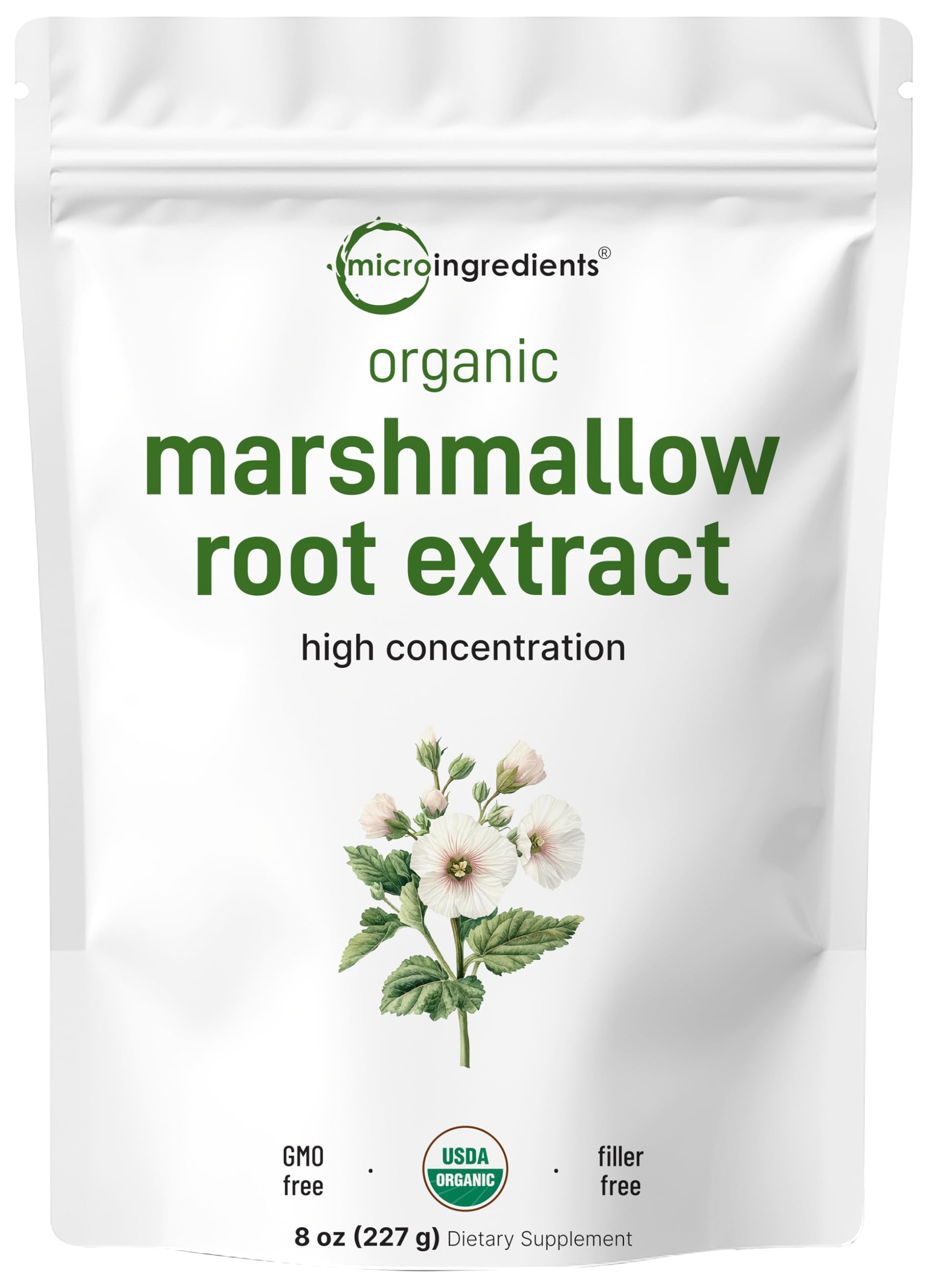 Micro Ingredients empaque frontal de raíz de malvavisco orgánica mostrando la marca y formato, confianza en pureza