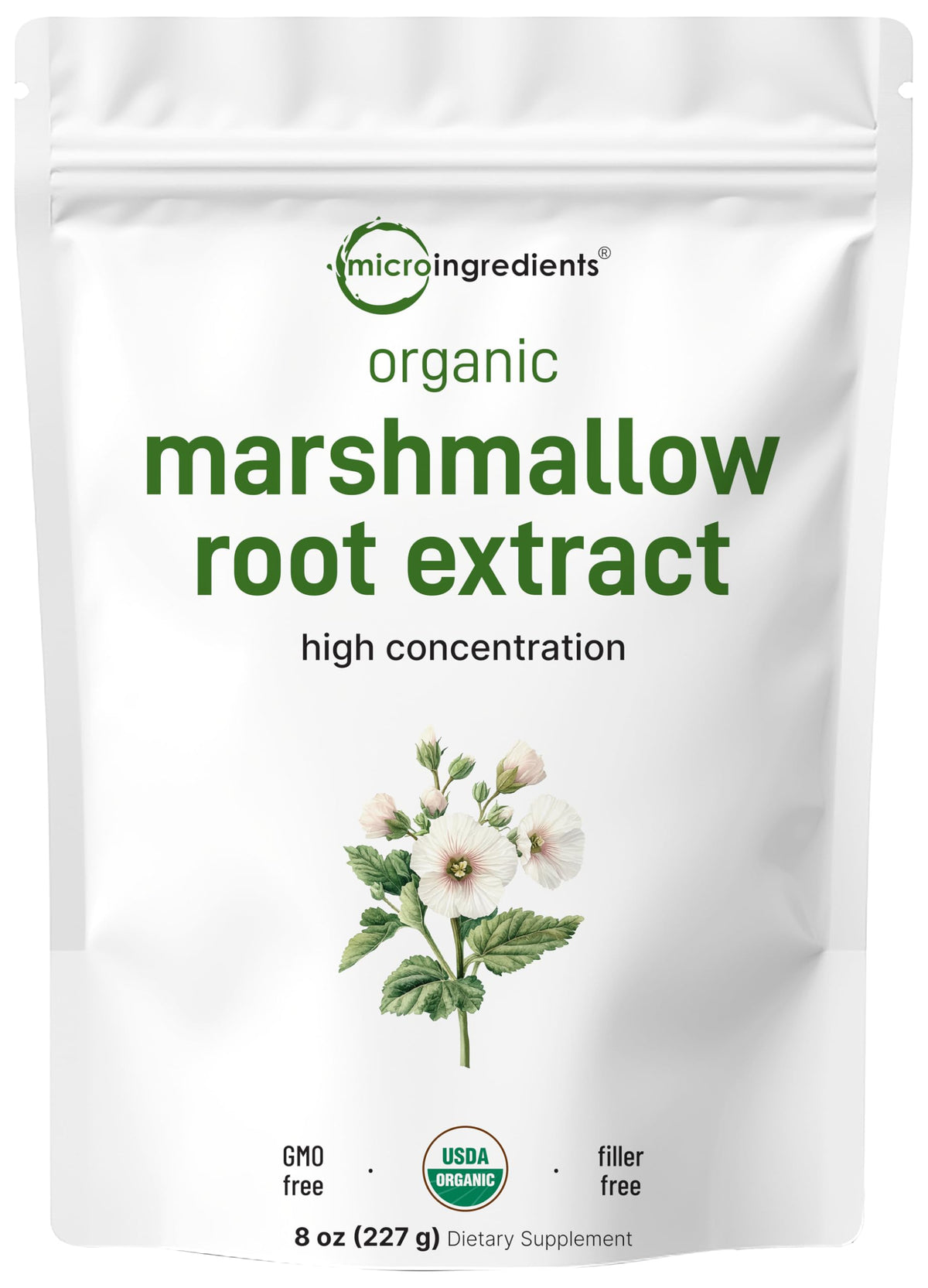 Micro Ingredients empaque frontal de raíz de malvavisco orgánica mostrando la marca y formato, confianza en pureza