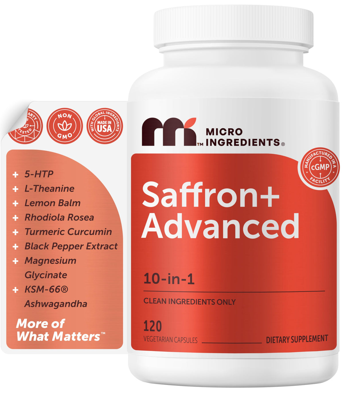 Micro Ingredients frasco Saffron+ mostrando embalaje y beneficios