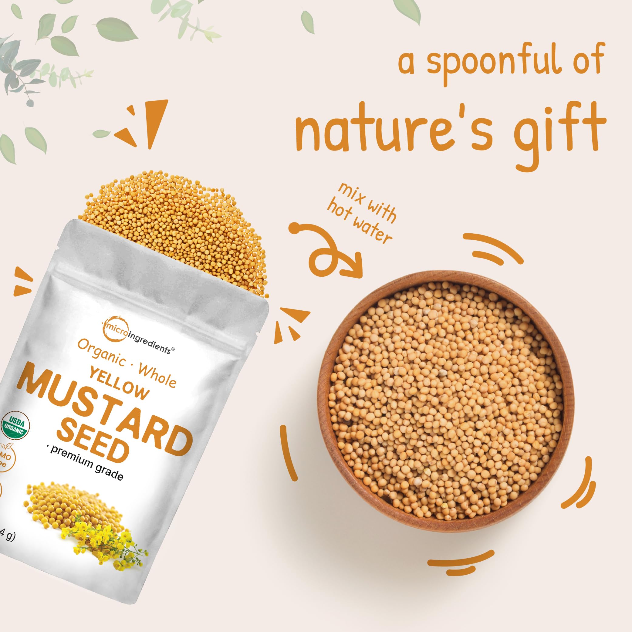 Micro Ingredients cucharada con semillas de mostaza para comparar tamaño y rinde por porción