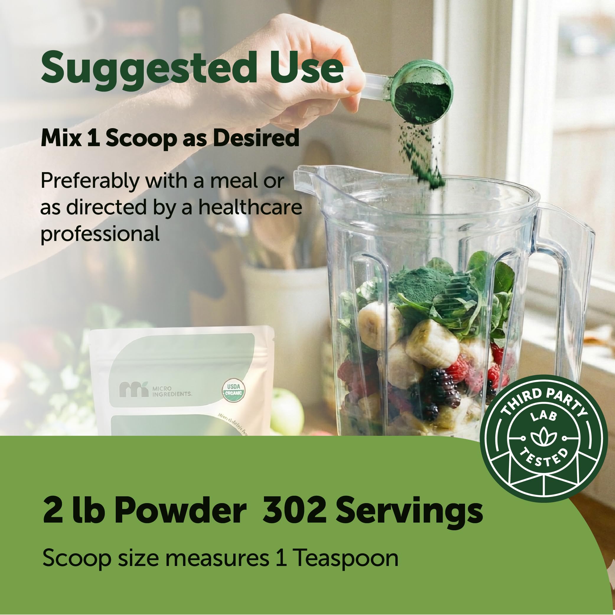 Micro Ingredients spirulina en batido verde listo para beber con aporte nutritivo vegetal
